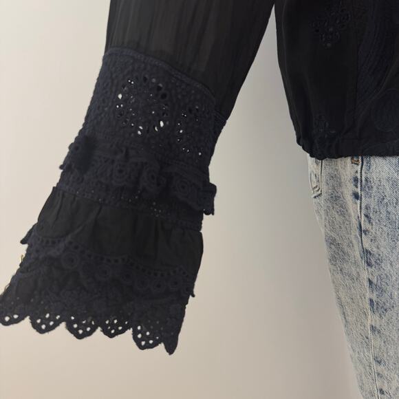 Johnny Was Long Sleeve Embroidered Blouse Top Black Semi Sheer Button-Down M - Picture 7 of 12